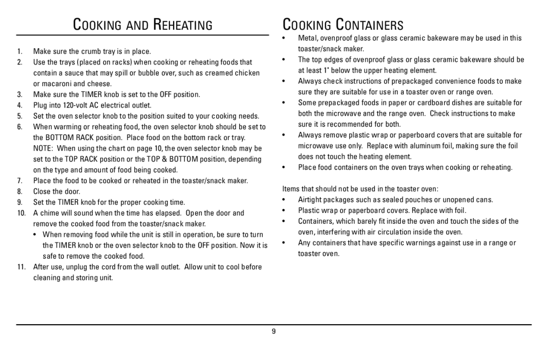 Sanyo SK-7S instruction manual Cooking and Reheating, Cooking Containers 