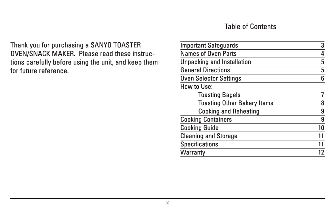 Sanyo SK-7S instruction manual Table of Contents 