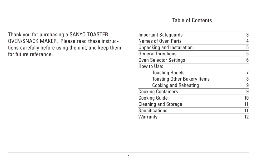 Sanyo SK-7W, SK-7S instruction manual Table of Contents 