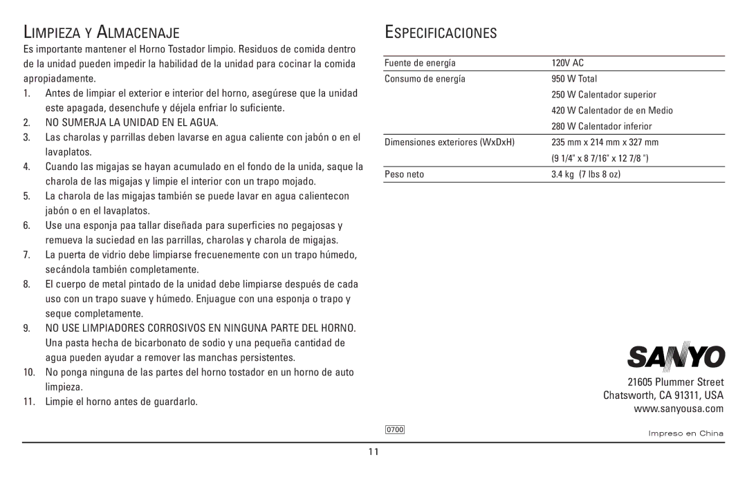 Sanyo SK-7S, SK-7W instruction manual Limpieza Y Almacenaje, Especificaciones, No Sumerja LA Unidad EN EL Agua 