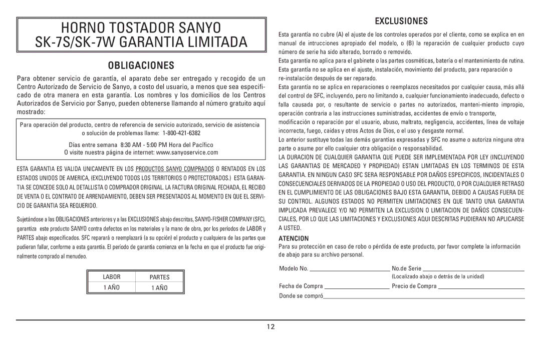 Sanyo SK-7W, SK-7S instruction manual Horno Tostador Sanyo 