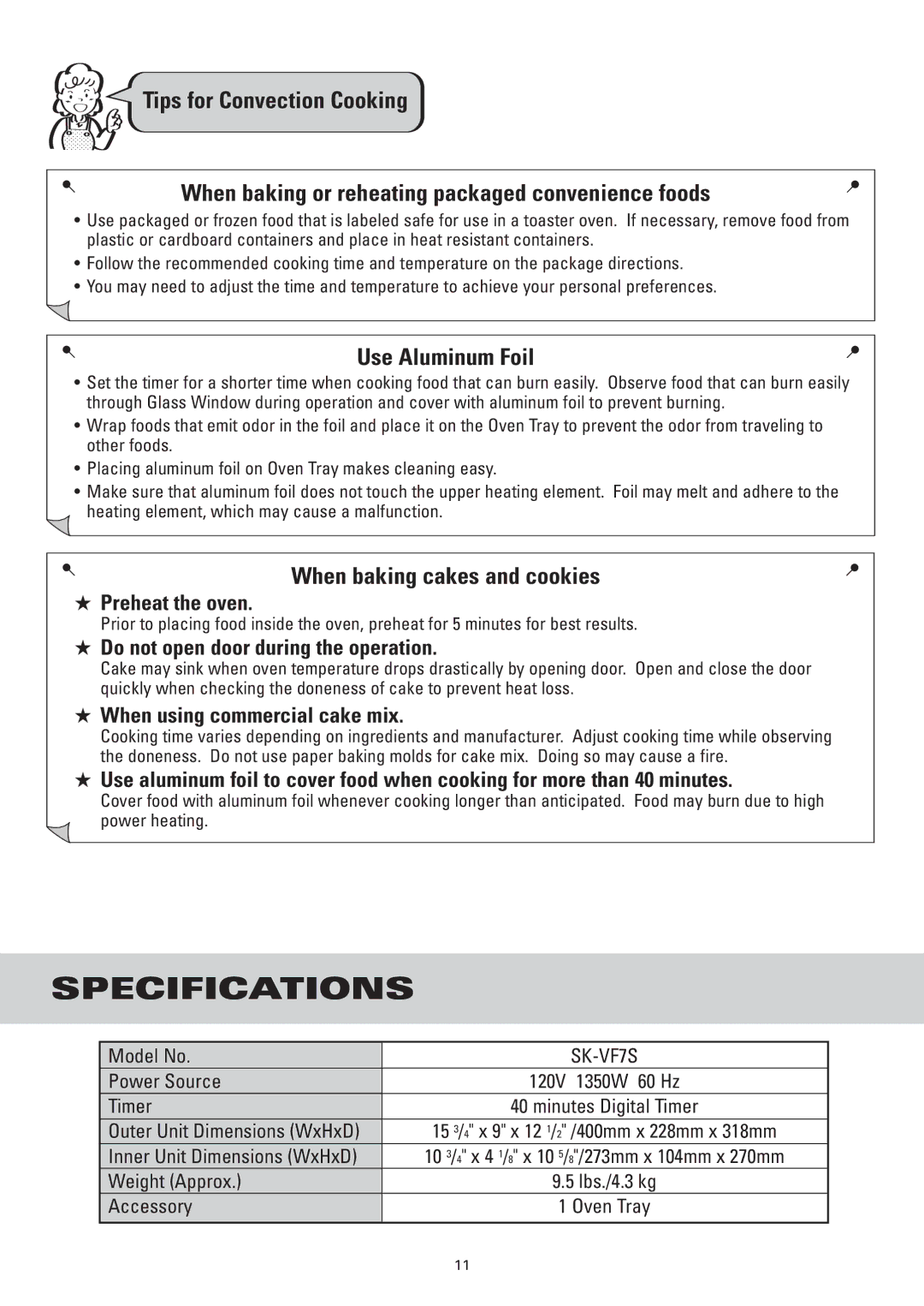 Sanyo SK-VF7S instruction manual Specifications, Use Aluminum Foil, When baking cakes and cookies, Minutes Digital Timer 