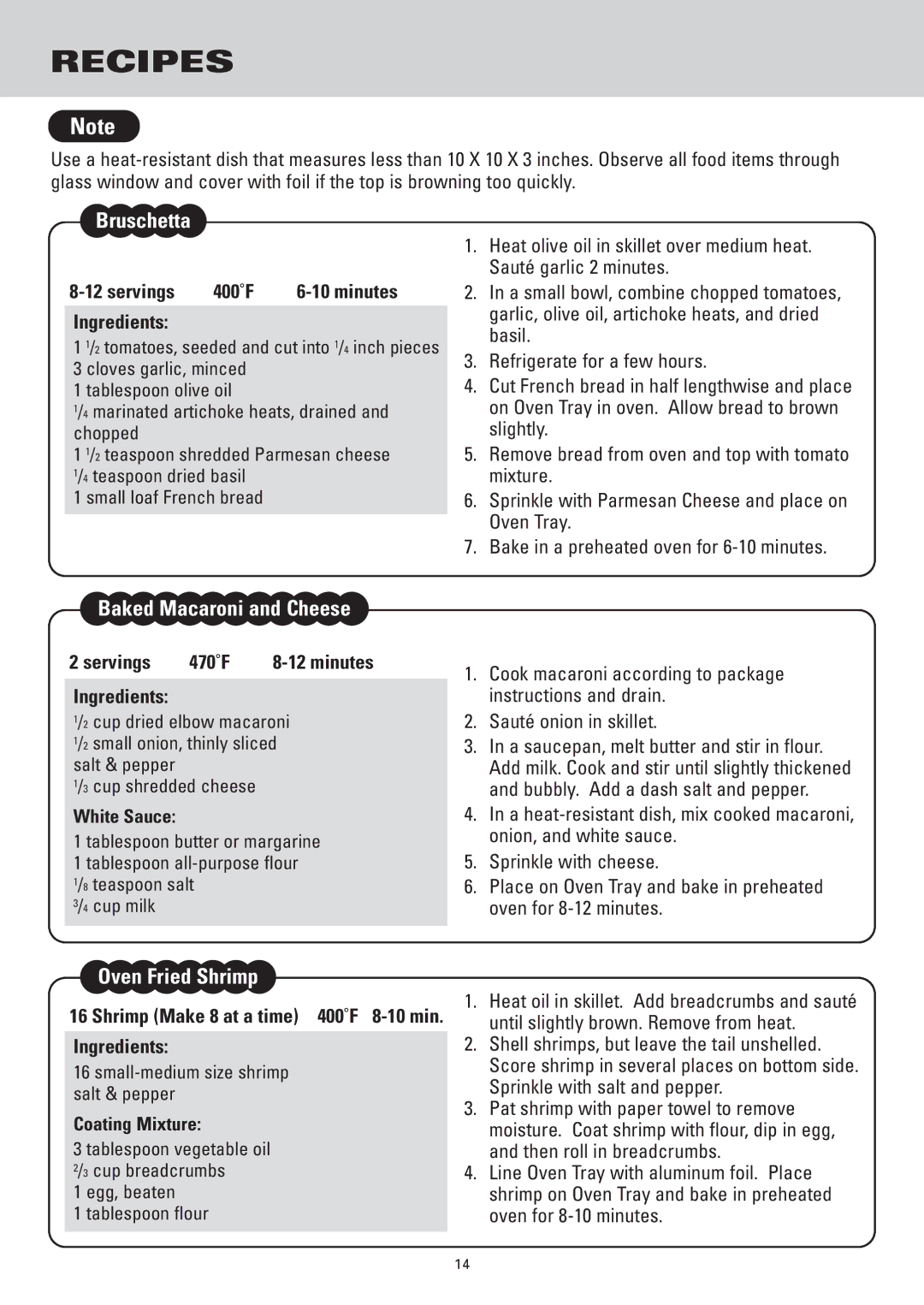 Sanyo SK-VF7S instruction manual Recipes, Bruschetta, Baked Macaroni and Cheese, Oven Fried Shrimp 