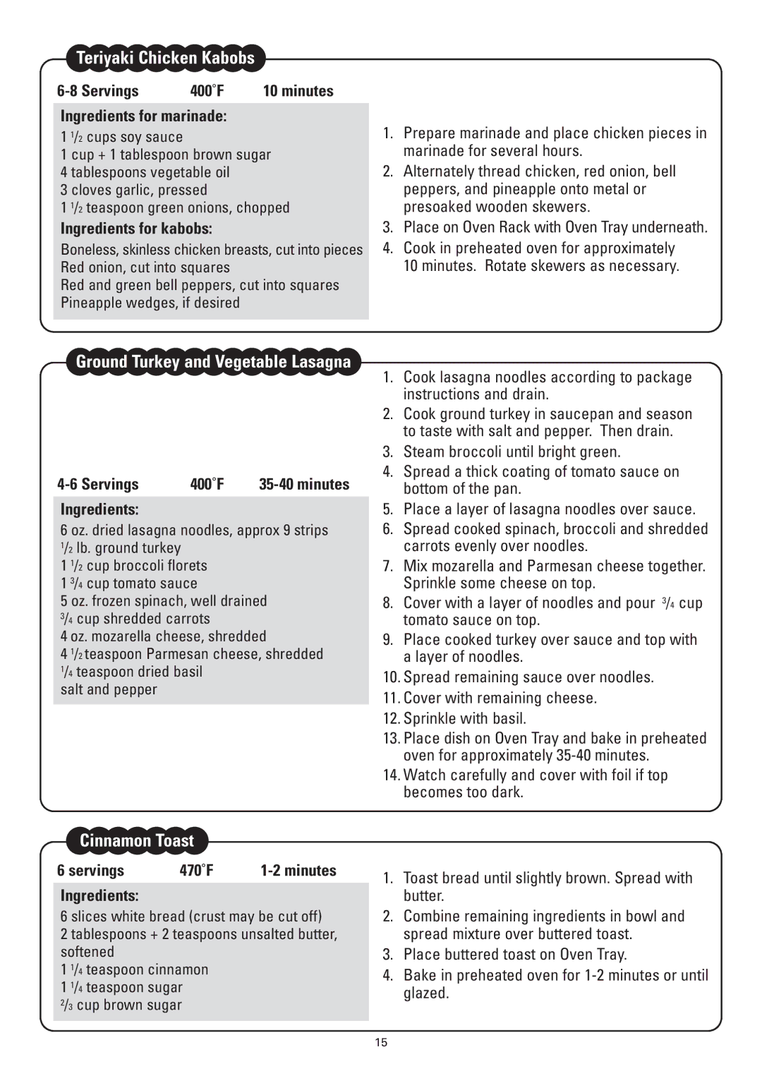 Sanyo SK-VF7S instruction manual Teriyaki Chicken Kabobs, Cinnamon Toast, Ingredients for marinade, Ingredients for kabobs 