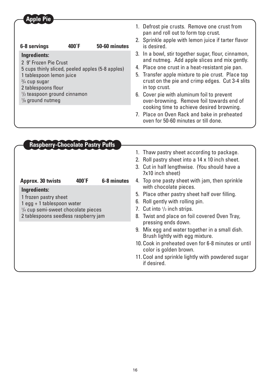 Sanyo SK-VF7S instruction manual Apple Pie, Raspberry-Chocolate Pastry Puffs, Approx twists 400˚F, Minutes 