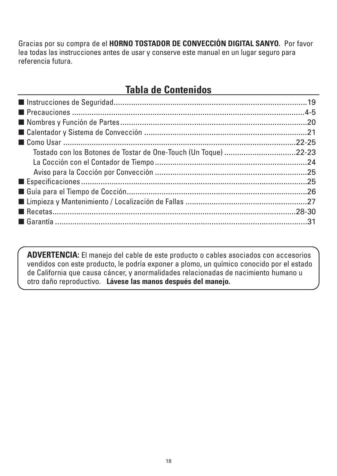 Sanyo SK-VF7S instruction manual Tabla de Contenidos 