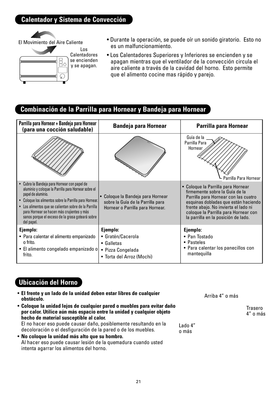 Sanyo SK-VF7S instruction manual Calentador y Sistema de Convección, Ubicación del Horno, Bandeja para Hornear, Ejemplo 