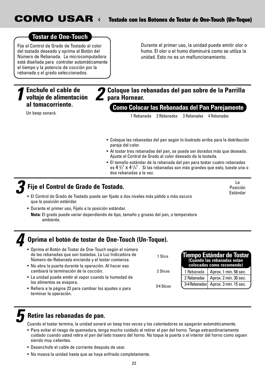 Sanyo SK-VF7S instruction manual Tostar de One-Touch, Slice Tiempo Estándar de Tostar 