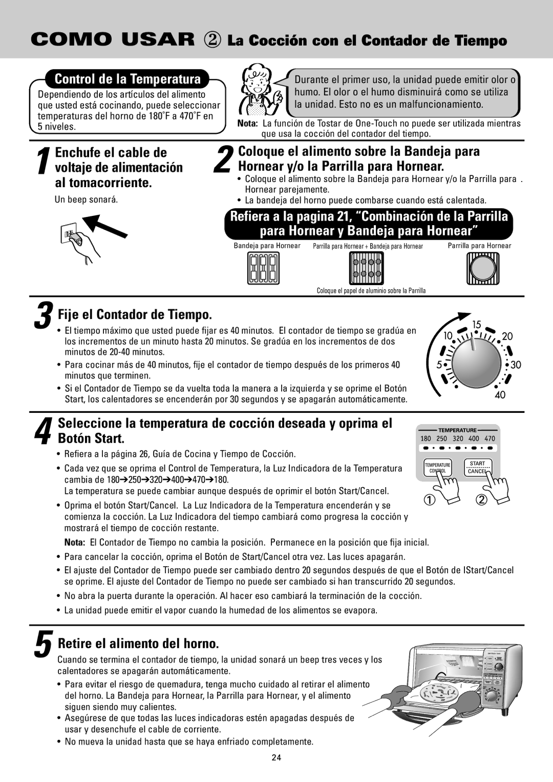 Sanyo SK-VF7S instruction manual Control de la Temperatura, Fije el Contador de Tiempo, Retire el alimento del horno 