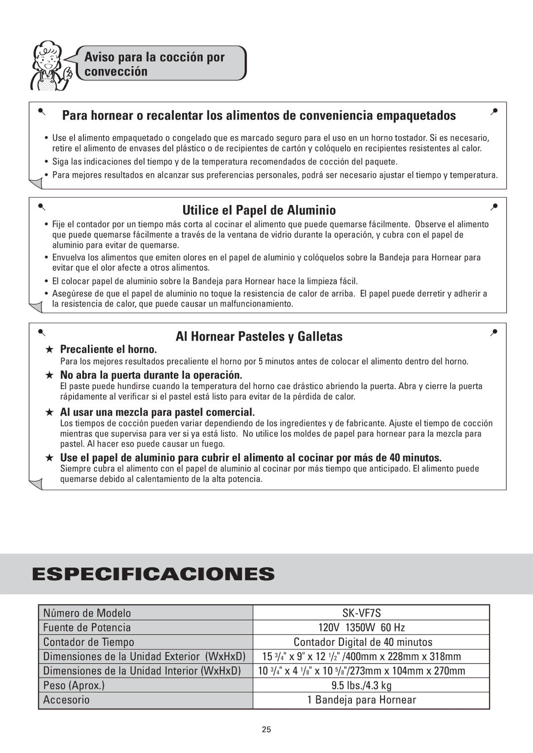 Sanyo SK-VF7S instruction manual Especificaciones, Utilice el Papel de Aluminio, Al Hornear Pasteles y Galletas 