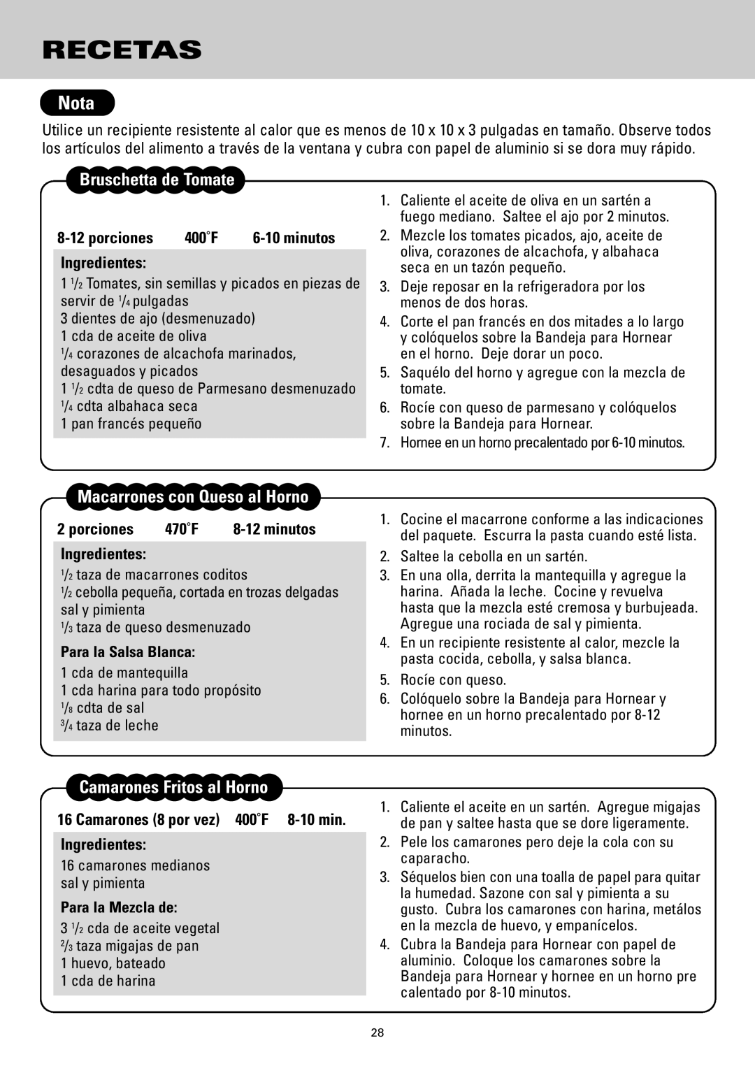 Sanyo SK-VF7S Recetas, Nota, Bruschetta de Tomate, Macarrones con Queso al Horno, Camarones Fritos al Horno 