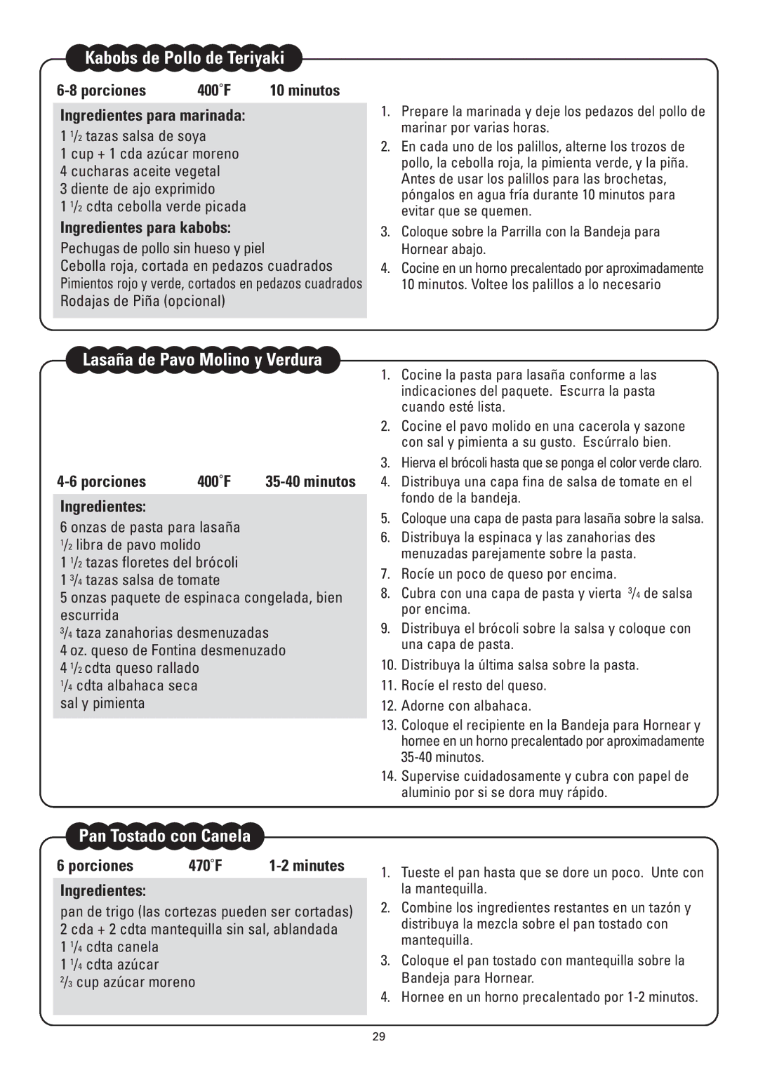 Sanyo SK-VF7S instruction manual Kabobs de Pollo de Teriyaki, Lasaña de Pavo Molino y Verdura, Pan Tostado con Canela 