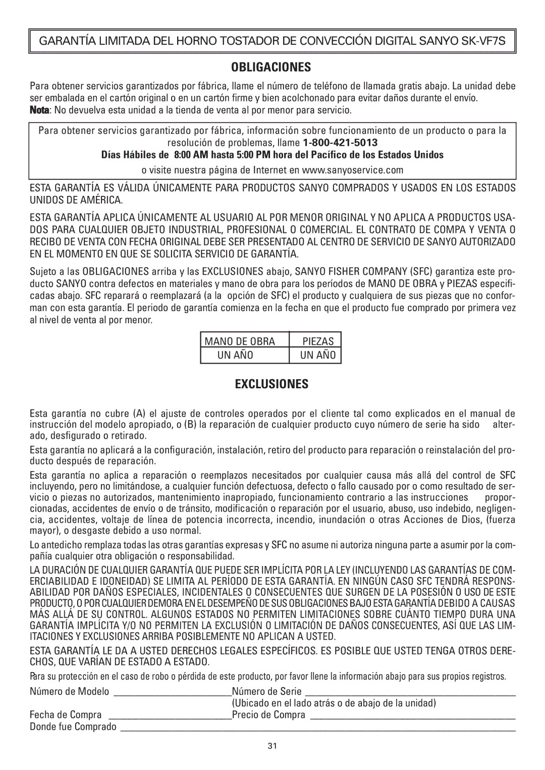 Sanyo SK-VF7S instruction manual Obligaciones, Ubicado en el lado atrás o de abajo de la unidad 