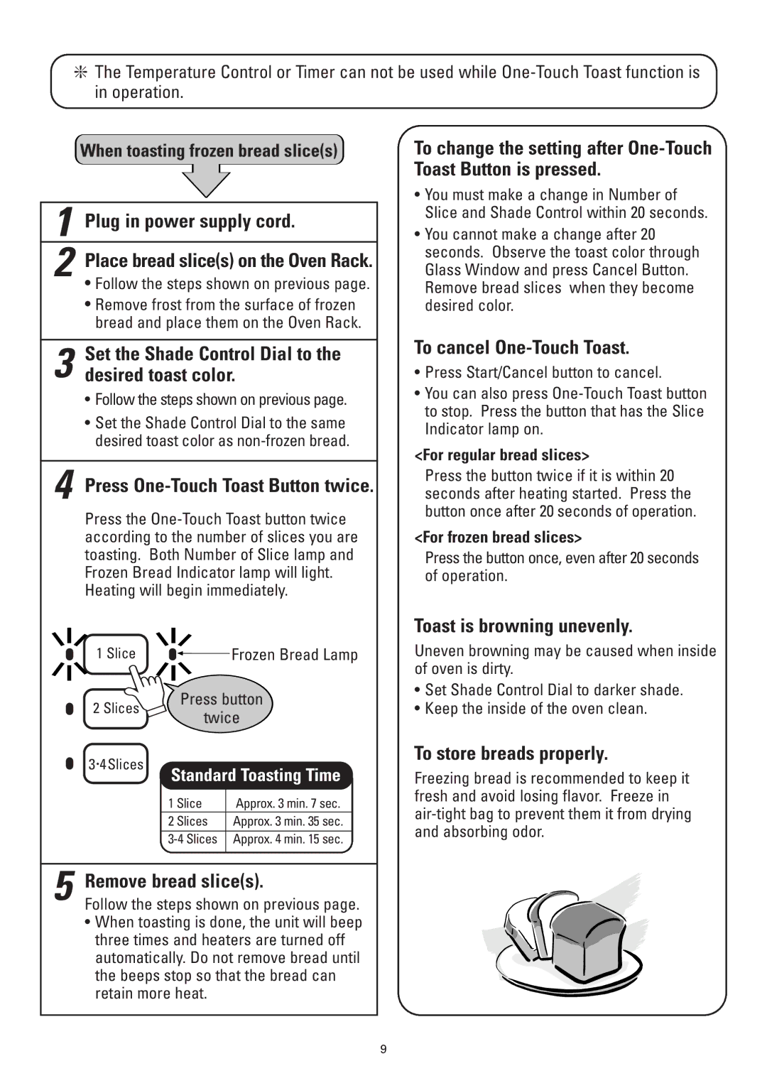 Sanyo SK-VF7S instruction manual Set the Shade Control Dial to the desired toast color, Press One-Touch Toast Button twice 