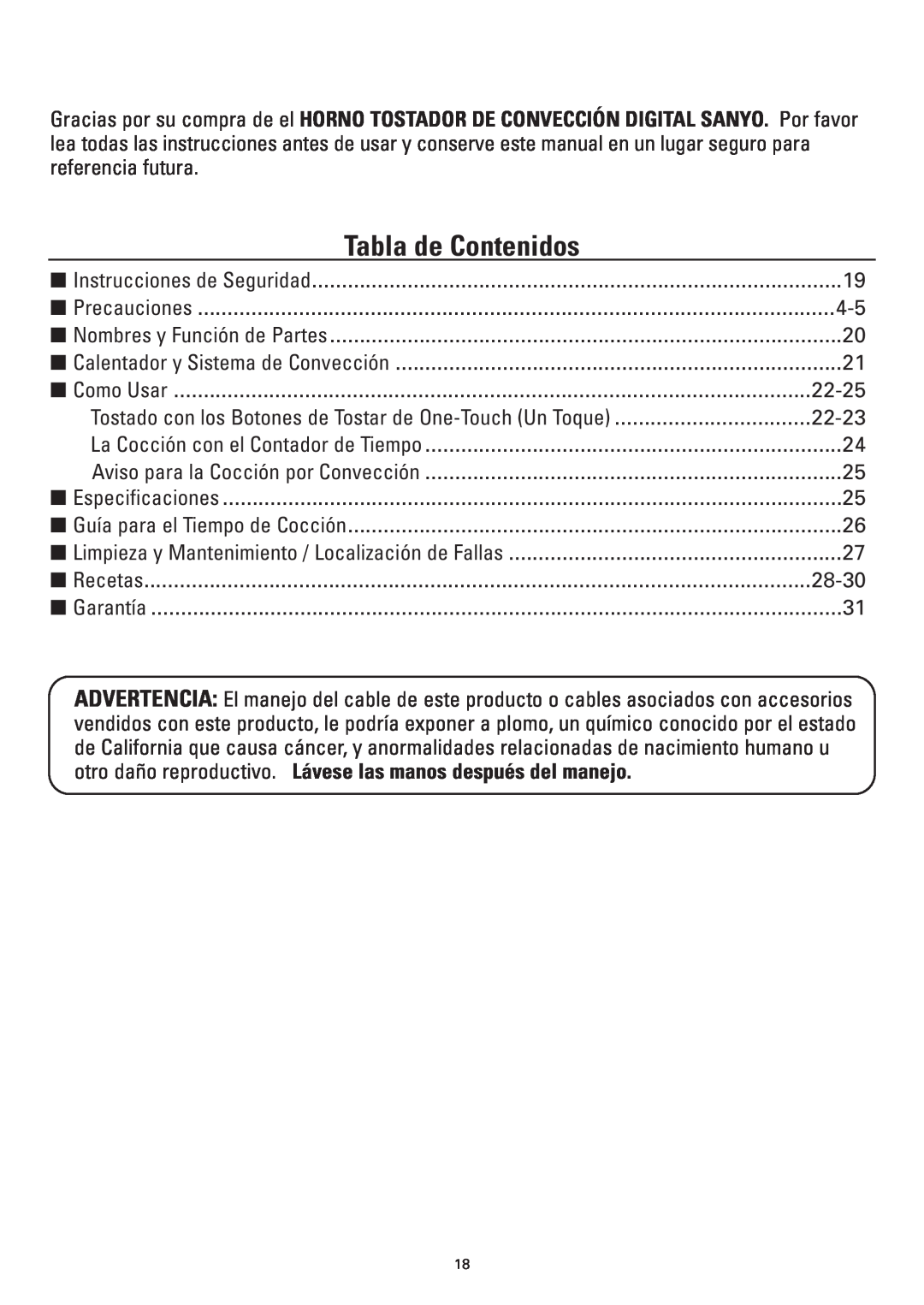 Sanyo SK-VF7S instruction manual Tabla de Contenidos 