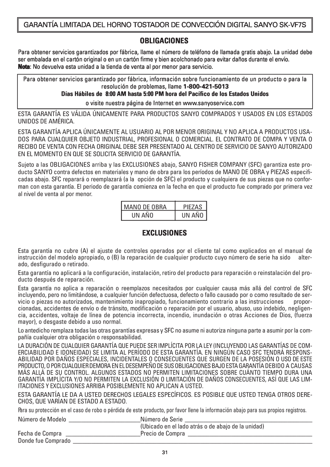 Sanyo SK-VF7S instruction manual Obligaciones, Exclusiones 