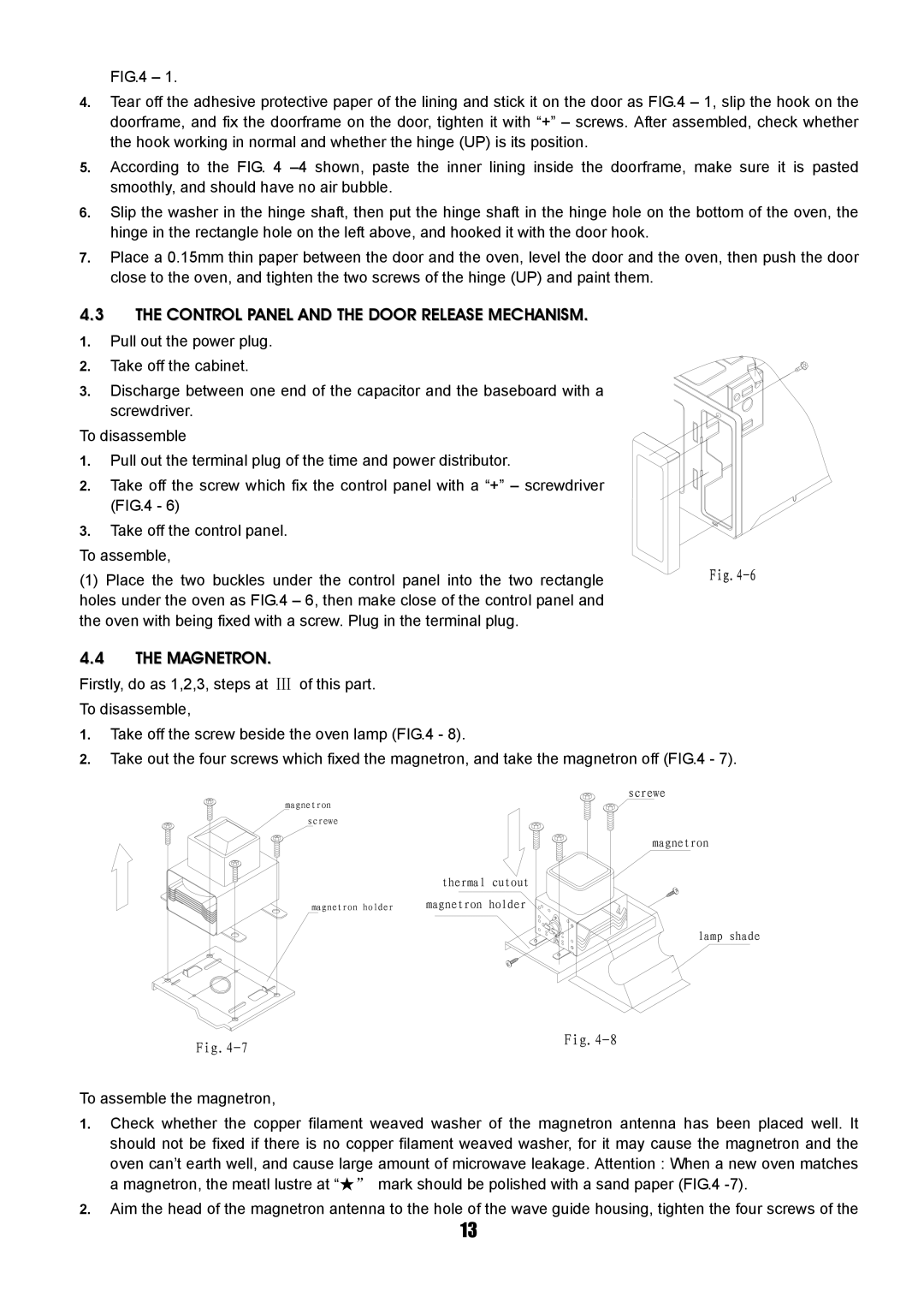 Sanyo SM-GA0005 service manual Control Panel and the Door Release Mechanism, Magnetron 