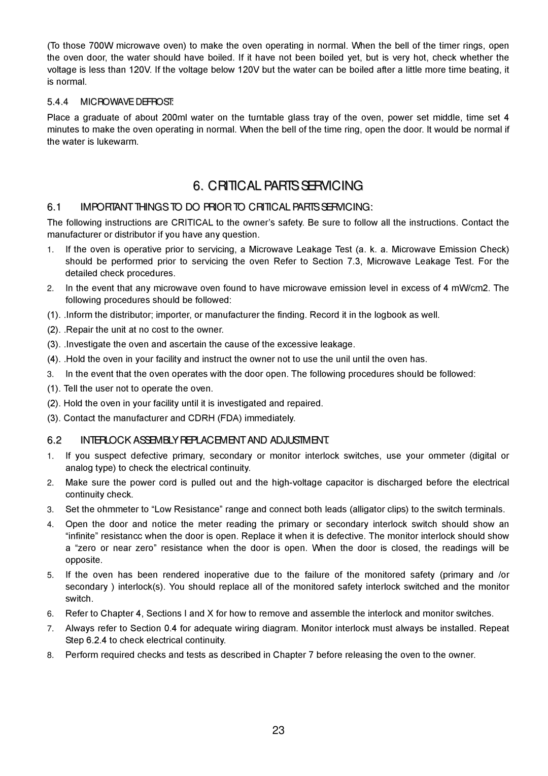 Sanyo SM-GA0005 service manual Important Things to do Prior to Critical Parts Servicing, Microwave Defrost 