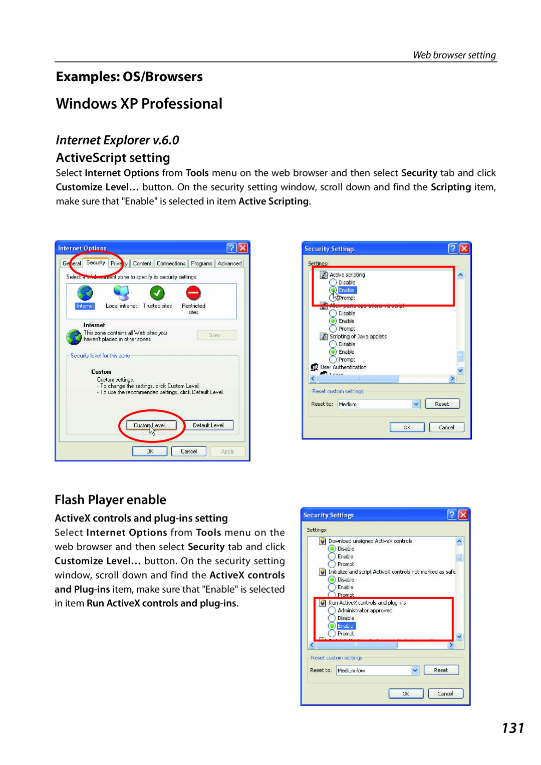 Sanyo QXXAVC922---P, SO-WIN-KF3AC Windows XP Professional, Examples: OS/Browsers, Internet Explorer, ActiveScript setting 
