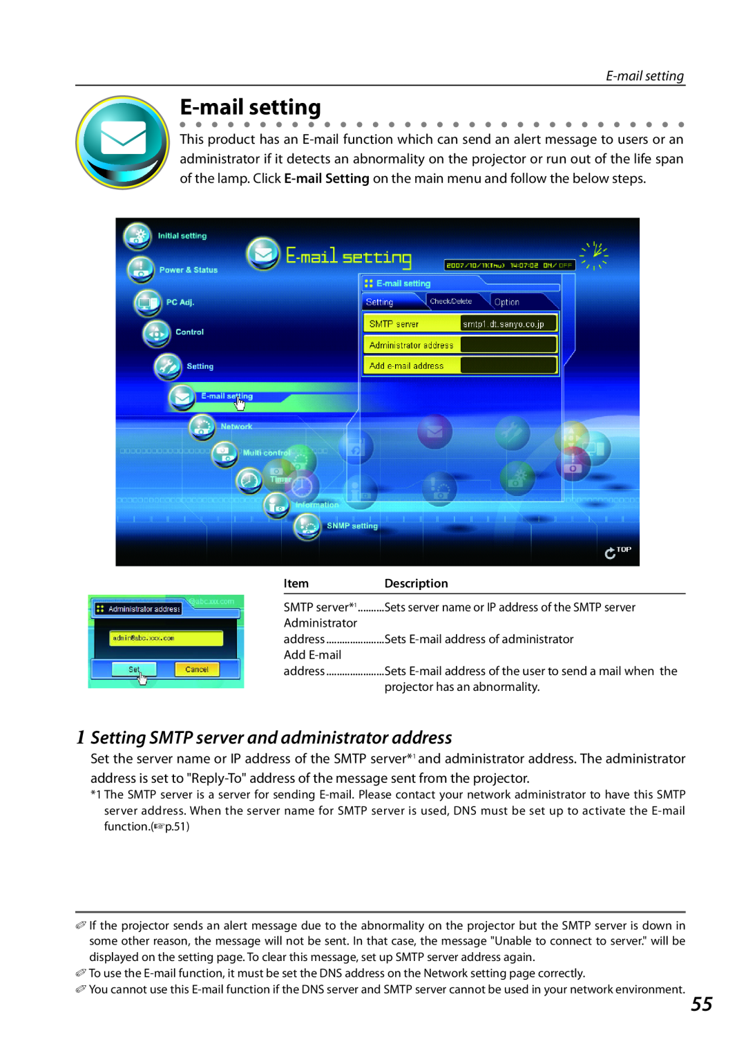 Sanyo QXXAVC922---P E-mailsetting, 1Setting SMTP server and administrator address, Item, Description, Administrator 
