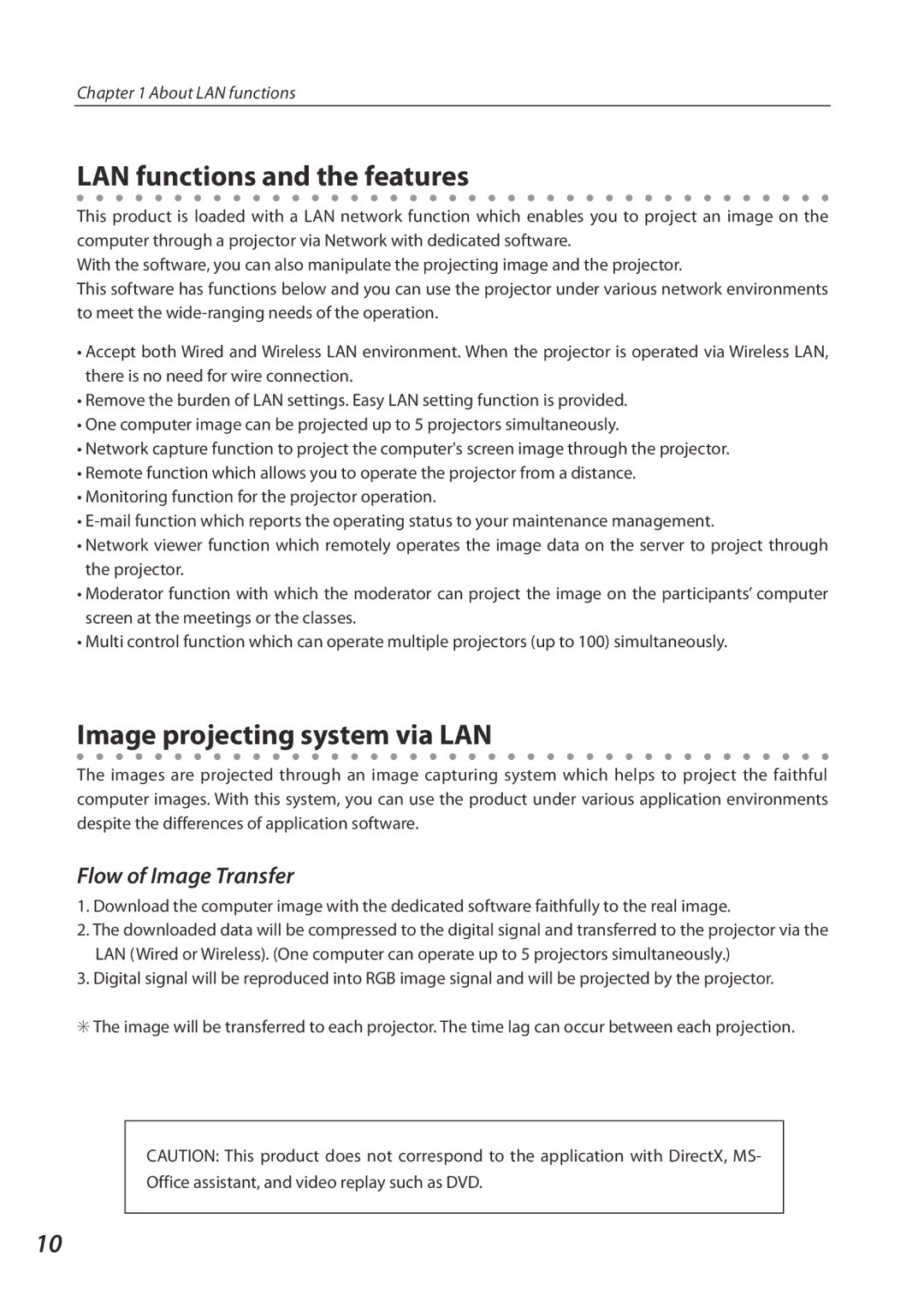 Sanyo SO-WIN-KF3AC, QXXAVC922---P LAN functions and the features, Image projecting system via LAN, Flow of Image Transfer 