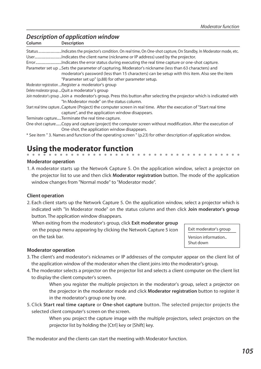 Sanyo QXXAVC922---P owner manual Using the moderator function, 105, Description of application window, Moderator operation 