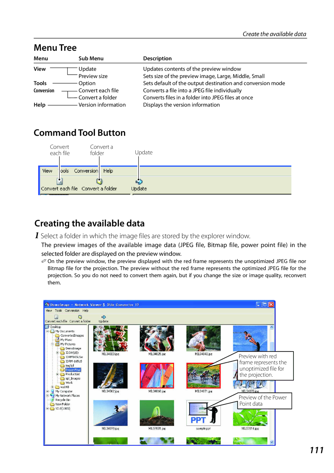 Sanyo QXXAVC922---P Creating the available data, 111, Command Tool Button, Menu Sub Menu Description View, Tools 