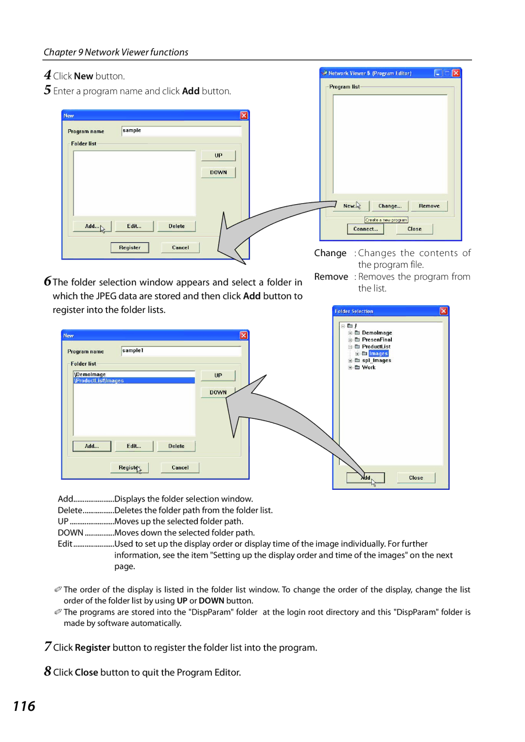 Sanyo SO-WIN-KF3AC, QXXAVC922---P 116, Displays the folder selection window, Deletes the folder path from the folder list 