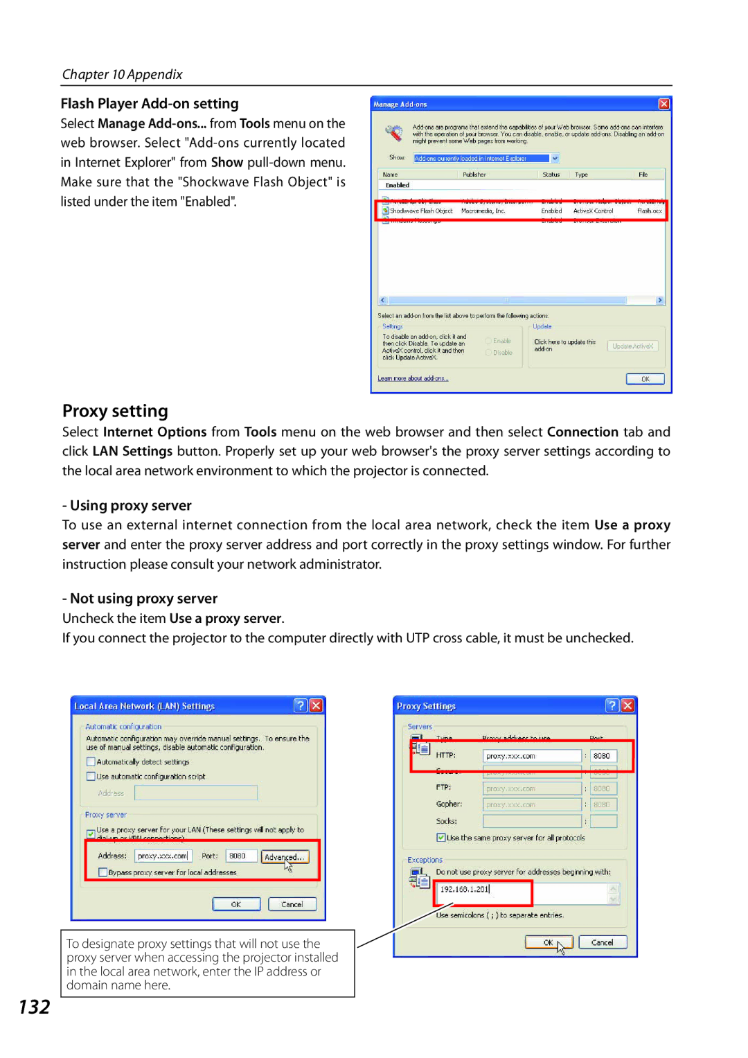 Sanyo SO-WIN-KF3AC, QXXAVC922---P owner manual 132, Flash Player Add-on setting, Using proxy server, Not using proxy server 