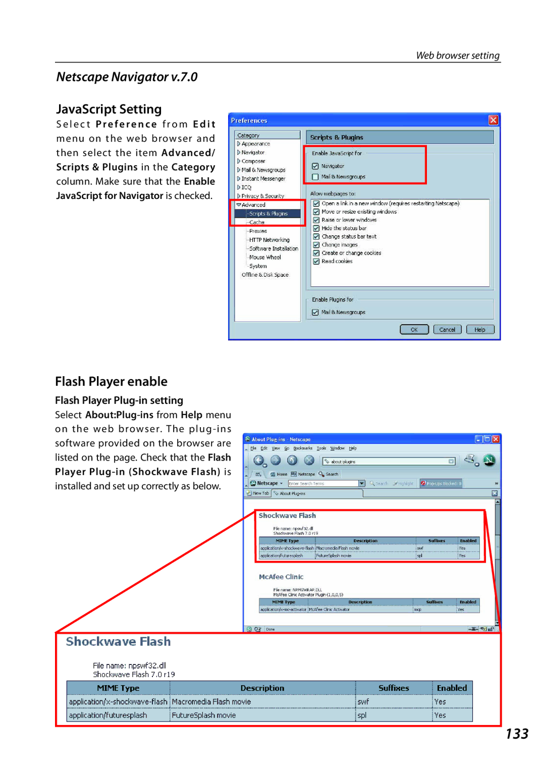 Sanyo QXXAVC922---P, SO-WIN-KF3AC owner manual 133, Netscape Navigator, Flash Player Plug-in setting 