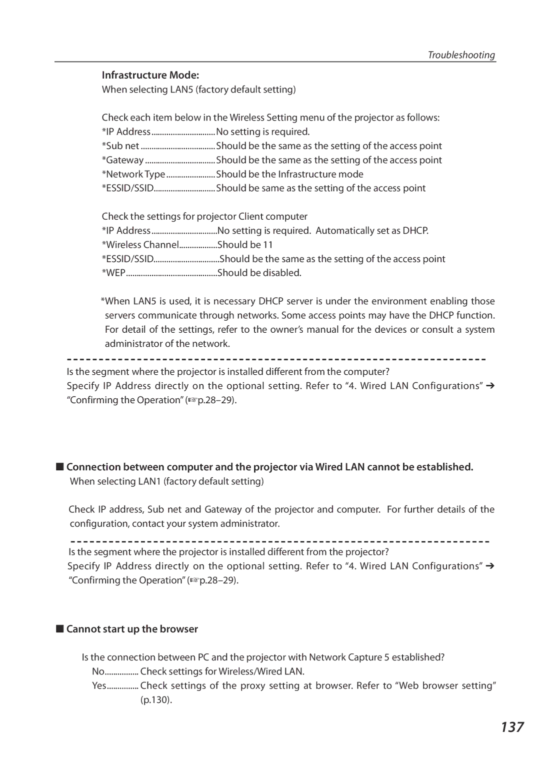 Sanyo QXXAVC922---P, SO-WIN-KF3AC owner manual 137, Infrastructure Mode, Cannot start up the browser 