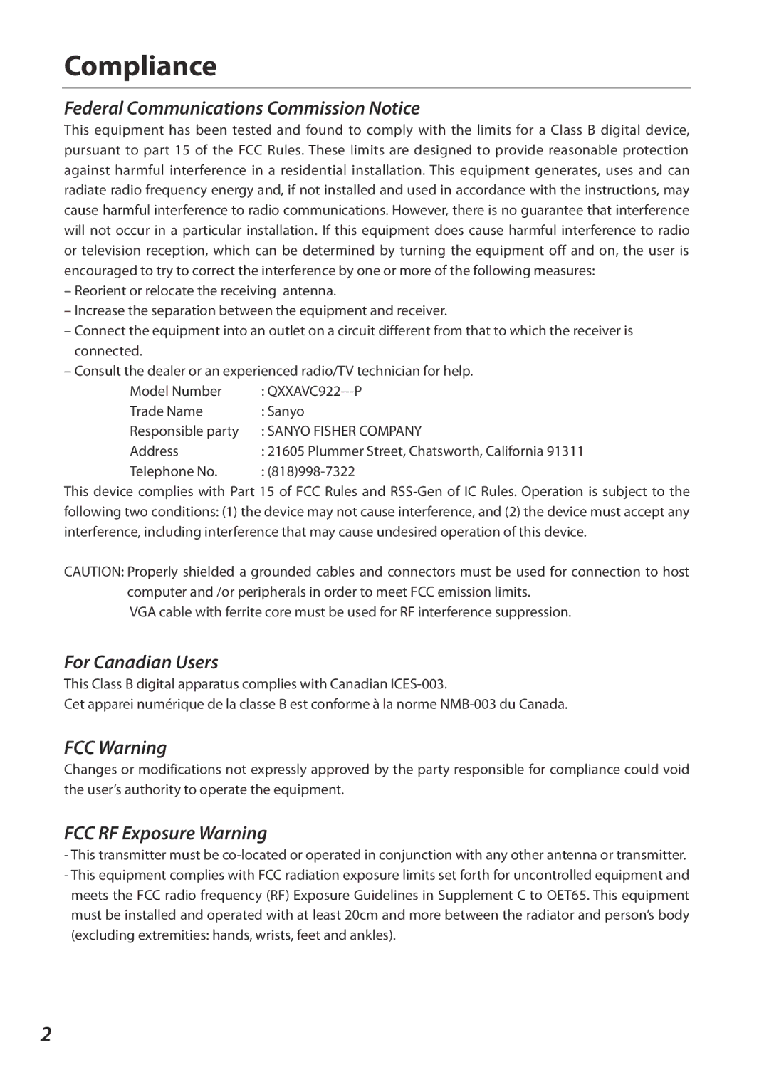 Sanyo SO-WIN-KF3AC Federal Communications Commission Notice, For Canadian Users, FCC Warning, FCC RF Exposure Warning 