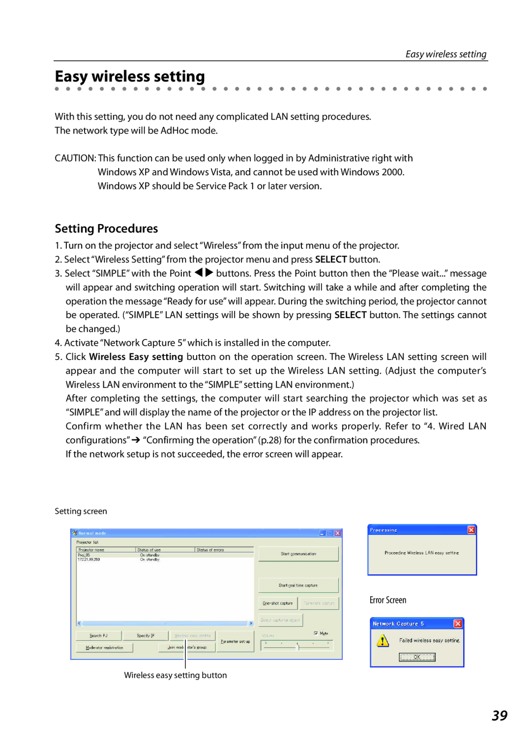 Sanyo QXXAVC922---P, SO-WIN-KF3AC owner manual Easy wireless setting, Setting Procedures 