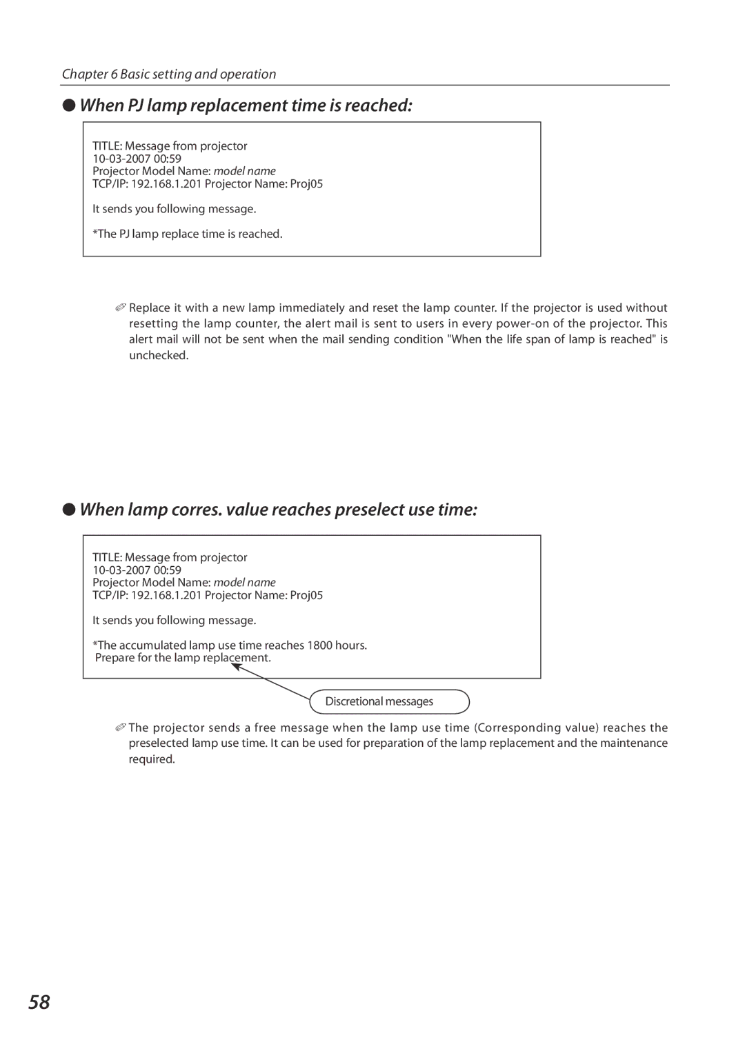 Sanyo SO-WIN-KF3AC When PJ lamp replacement time is reached, When lamp corres. value reaches preselect use time 