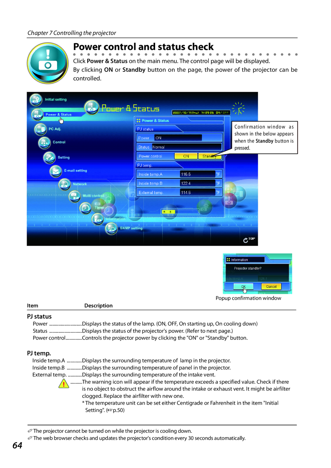 Sanyo SO-WIN-KF3AC, QXXAVC922---P owner manual Power control and status check, PJ status, PJ temp 