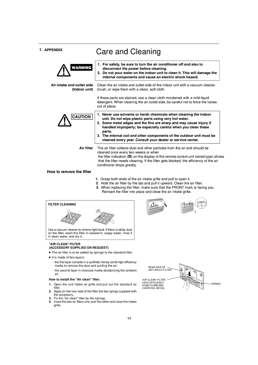 Sanyo SPW-FTR124EH56 operation manual Care and Cleaning, Filter Cleaning, AIR Clean Filter Accessory Supplied on Request 