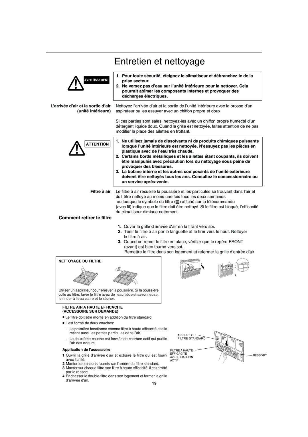 Sanyo SPW-FTR124EH56 Entretien et nettoyage, Nettoyage DU Filtre, Filtre AIR a Haute Efficacite Accessoire SUR Demande 