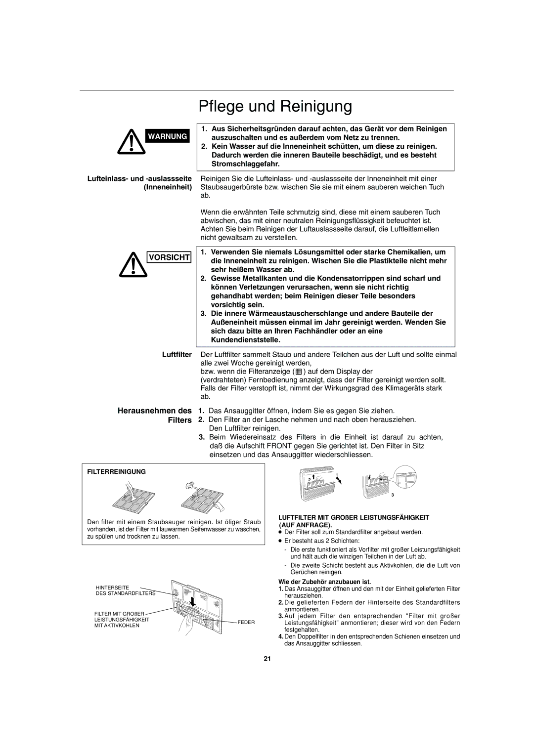 Sanyo SPW-FTR124EH56 Pflege und Reinigung, Herausnehmen des Filters, Filterreinigung, Wie der Zubehör anzubauen ist 