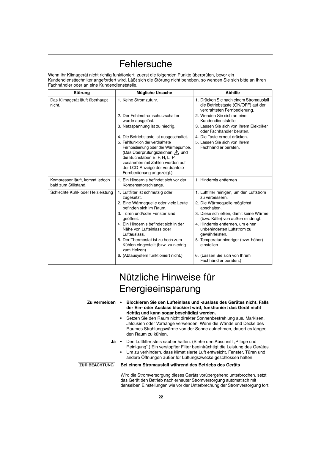 Sanyo SPW-FTR124EH56 Fehlersuche, Nützliche Hinweise für Energieeinsparung, Störung Mögliche Ursache Abhilfe 