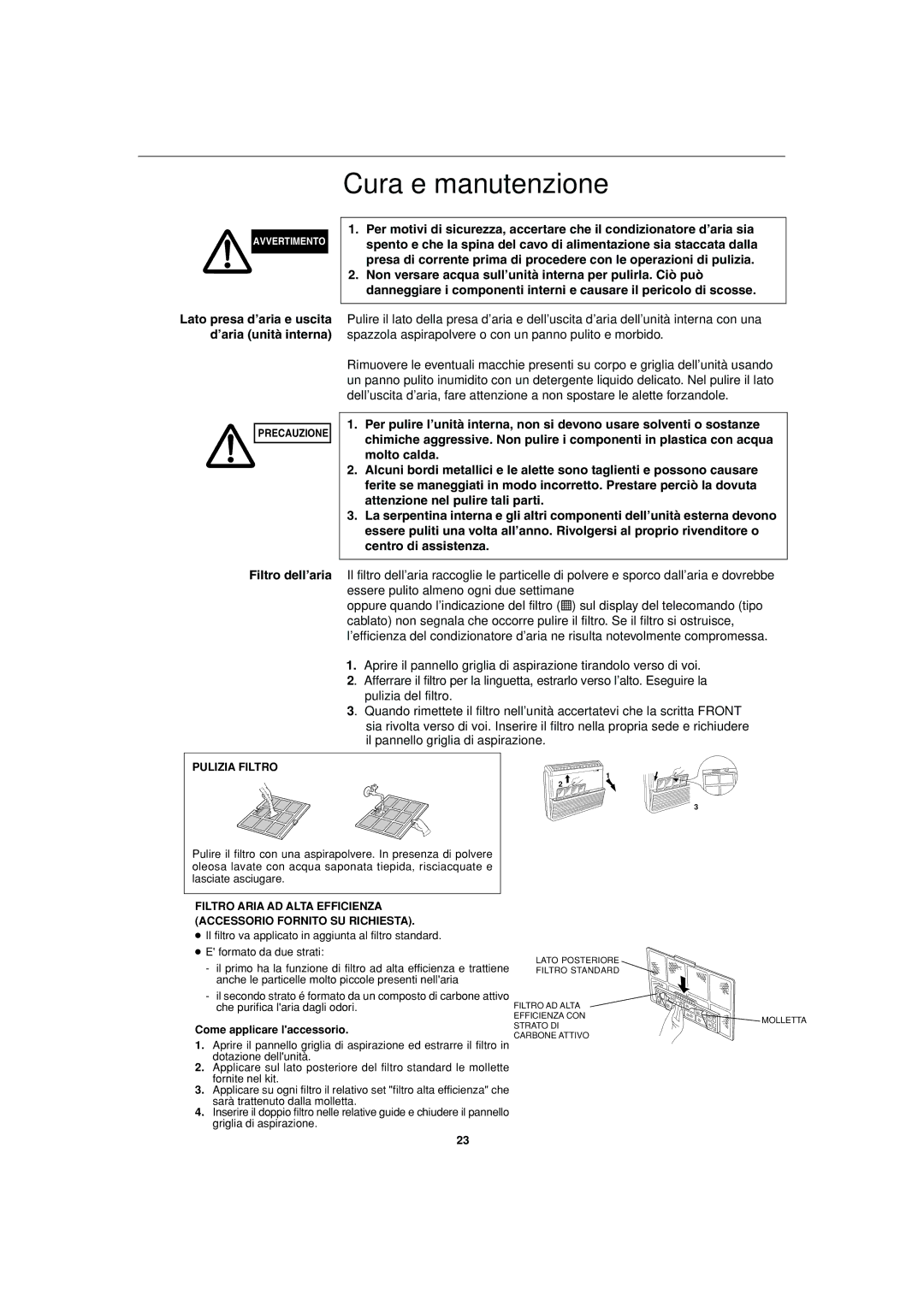 Sanyo SPW-FTR124EH56 operation manual Cura e manutenzione, Lato presa d’aria e uscita d’aria unità interna, Pulizia Filtro 