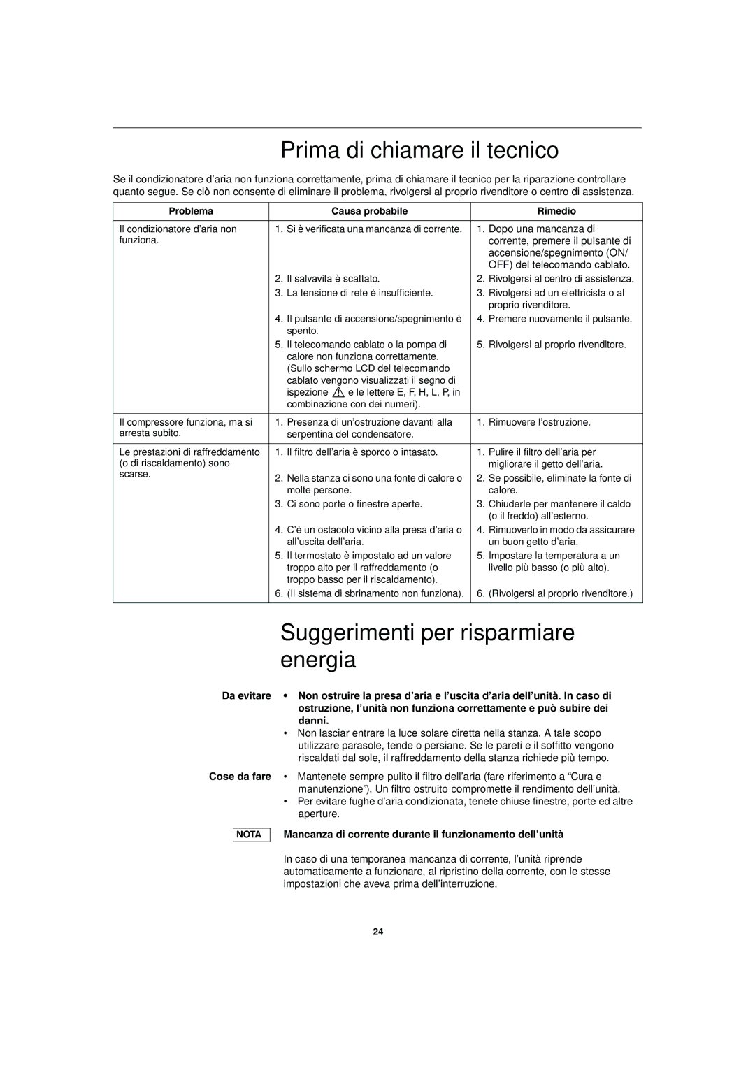 Sanyo SPW-FTR124EH56 Prima di chiamare il tecnico, Suggerimenti per risparmiare energia, Problema Causa probabile Rimedio 