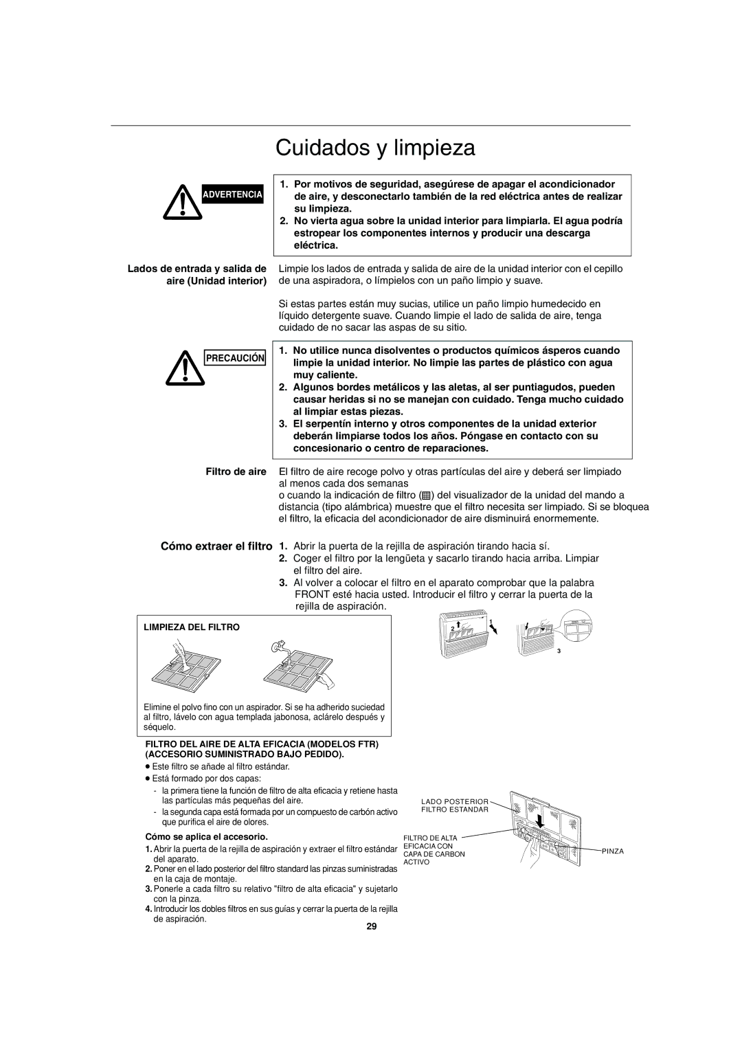 Sanyo SPW-FTR124EH56 Cuidados y limpieza, Lados de entrada y salida de aire Unidad interior, Limpieza DEL Filtro 