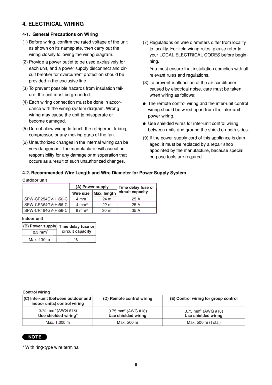 Sanyo SPW-FTR124EH56 operation manual Electrical Wiring, General Precautions on Wiring, Outdoor unit Power supply 