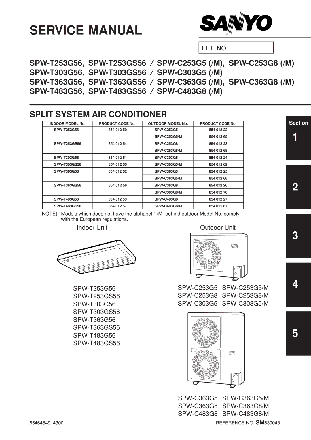 Sanyo SPW-T483G56, SPW-T363GS56, SPW-T483GS56, SPW-C363G8, SPW-T363G56, SPW-C253G5 service manual Split System AIR Conditioner 