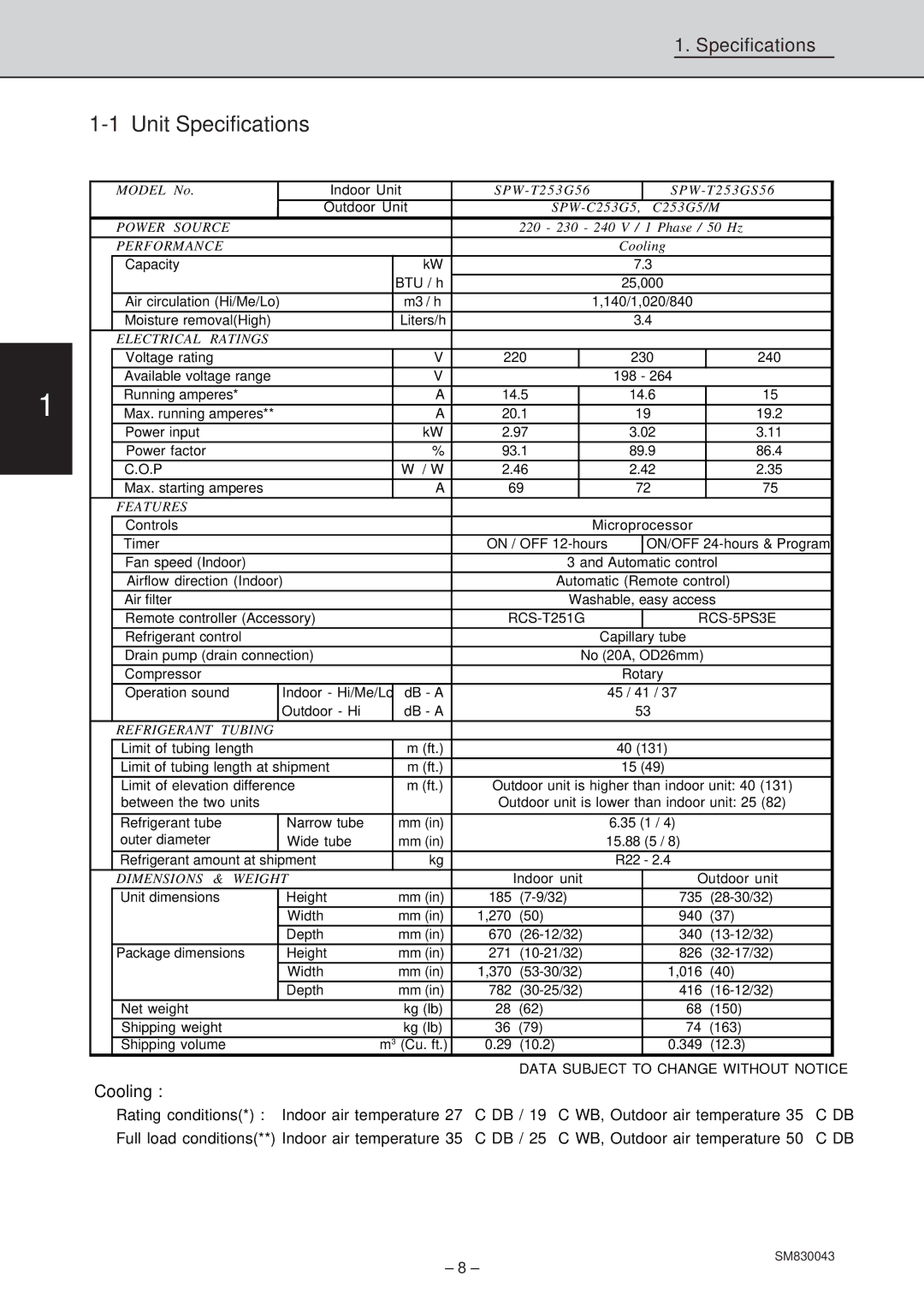 Sanyo SPW-C363G5, SPW-T363GS56, SPW-T483G56, SPW-T483GS56, SPW-C363G8, SPW-T363G56, SPW-C253G5 Unit Specifications, Performance 