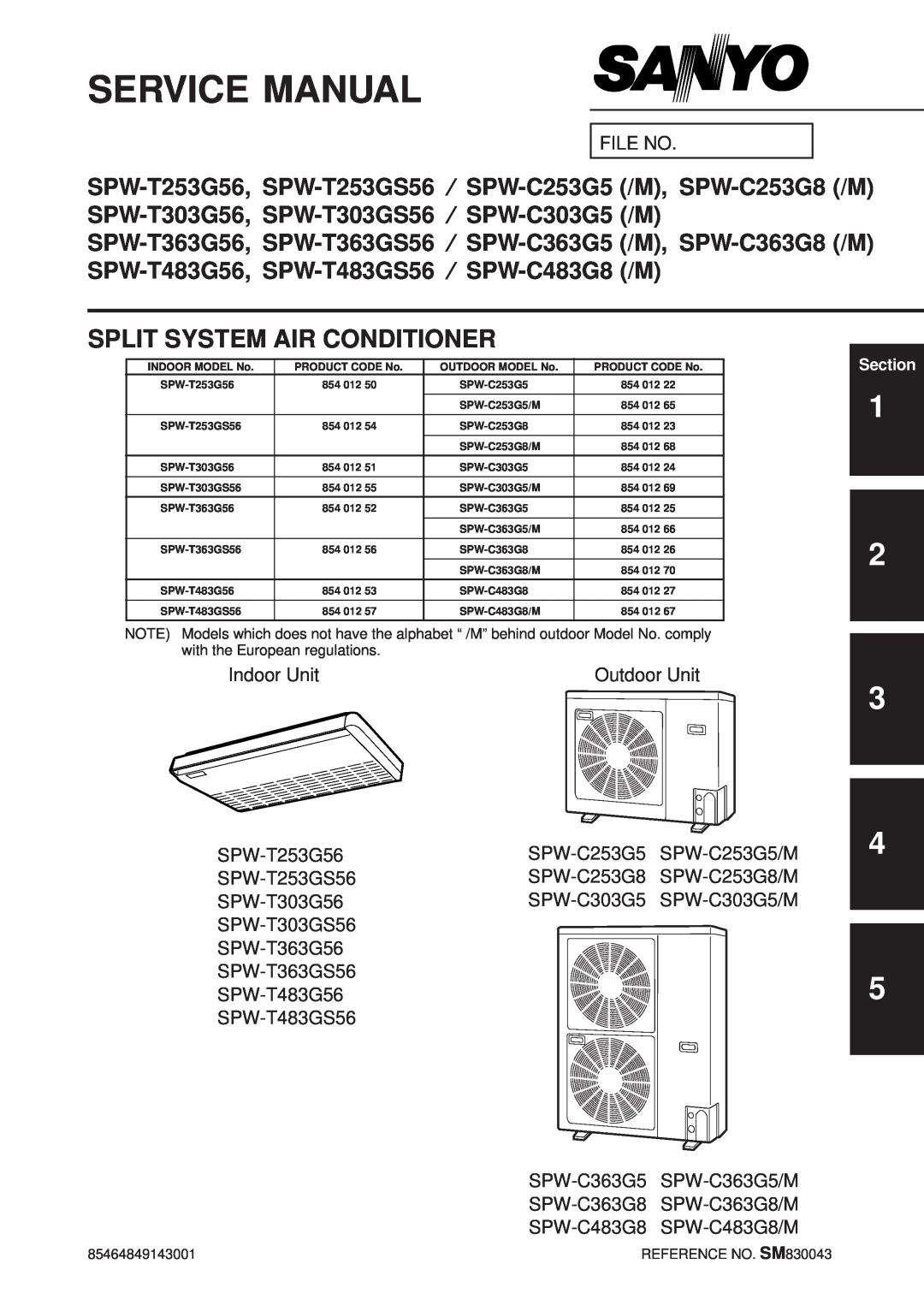 Sanyo SPW-T483G56, SPW-T363GS56, SPW-T483GS56, SPW-C363G8, SPW-T363G56, SPW-C253G5 service manual Split System Air Conditioner 