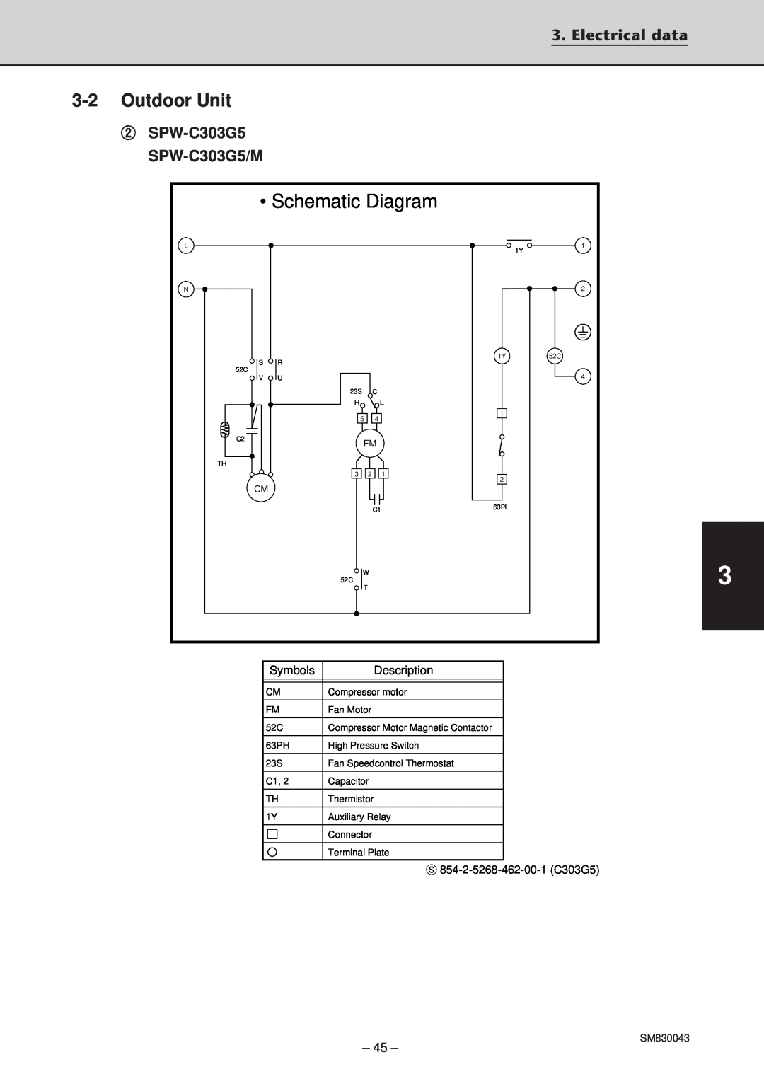Sanyo SPW-T303GS56, SPW-T363GS56, SPW-T483G56 Schematic Diagram, 3-2Outdoor Unit, Electrical data, SPW-C303G5/M 