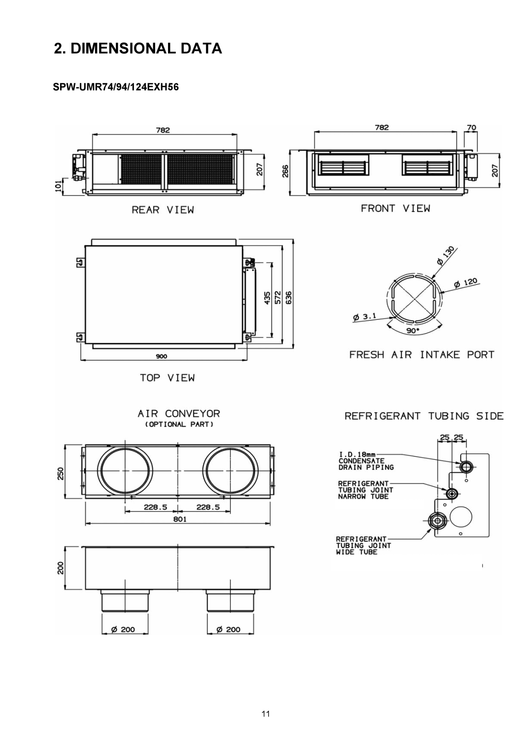 Sanyo SPW-UMR74EXH56, SPW-UMR184EXH56, SPW-UMR94EXH56, SPW-UMR124EXH56, SPW-UMR164EXH56, SPW-UMR224EXH56 Dimensional Data 