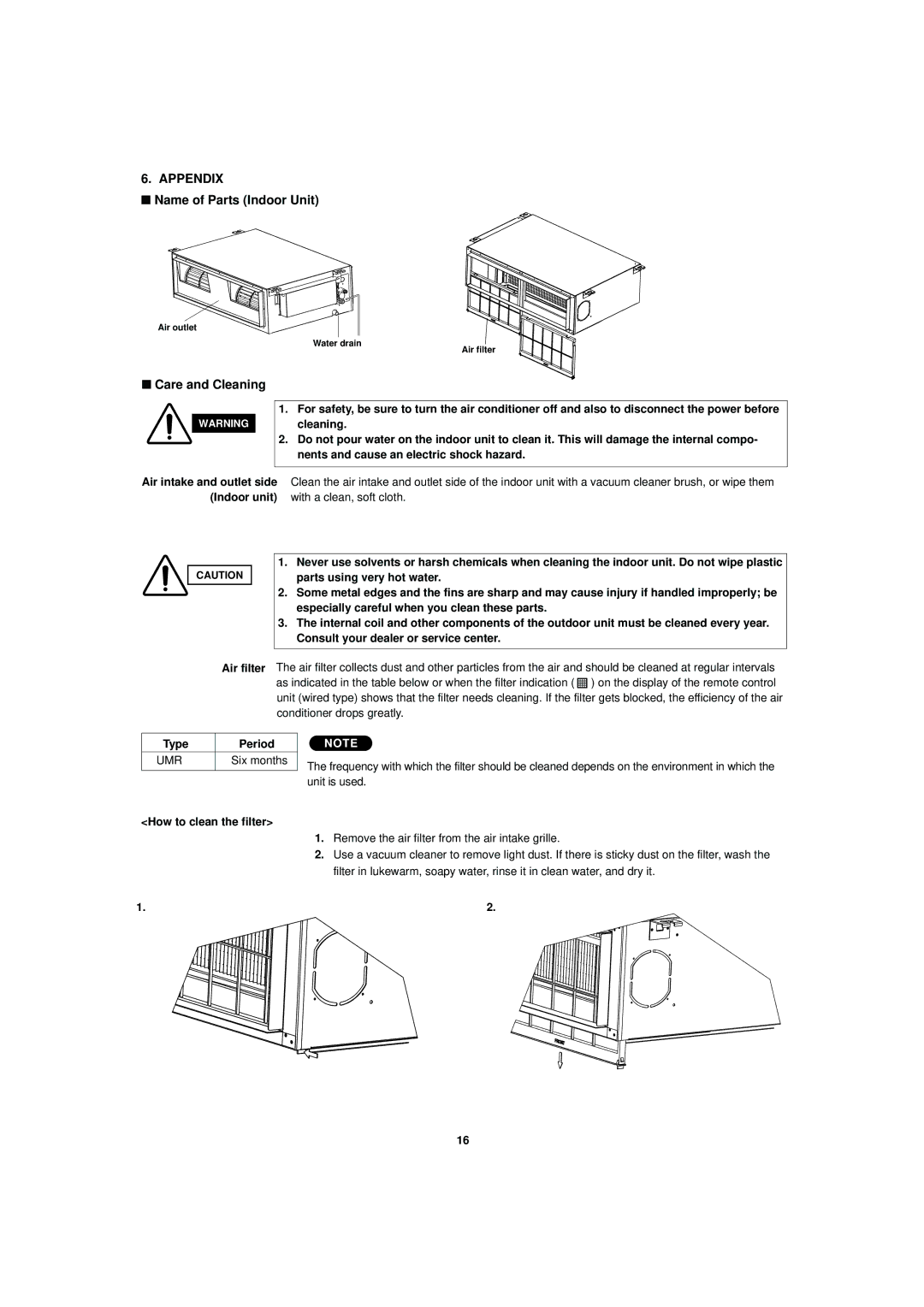 Sanyo SPW-UMR164EXH56, SPW-UMR94EXH56 Name of Parts Indoor Unit, Care and Cleaning, Type Period, How to clean the filter 