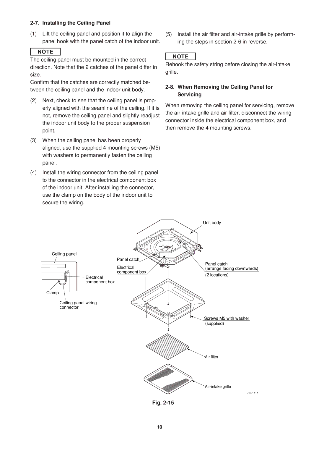 Sanyo SPW-XR254EH56 operation manual Installing the Ceiling Panel, When Removing the Ceiling Panel for Servicing 